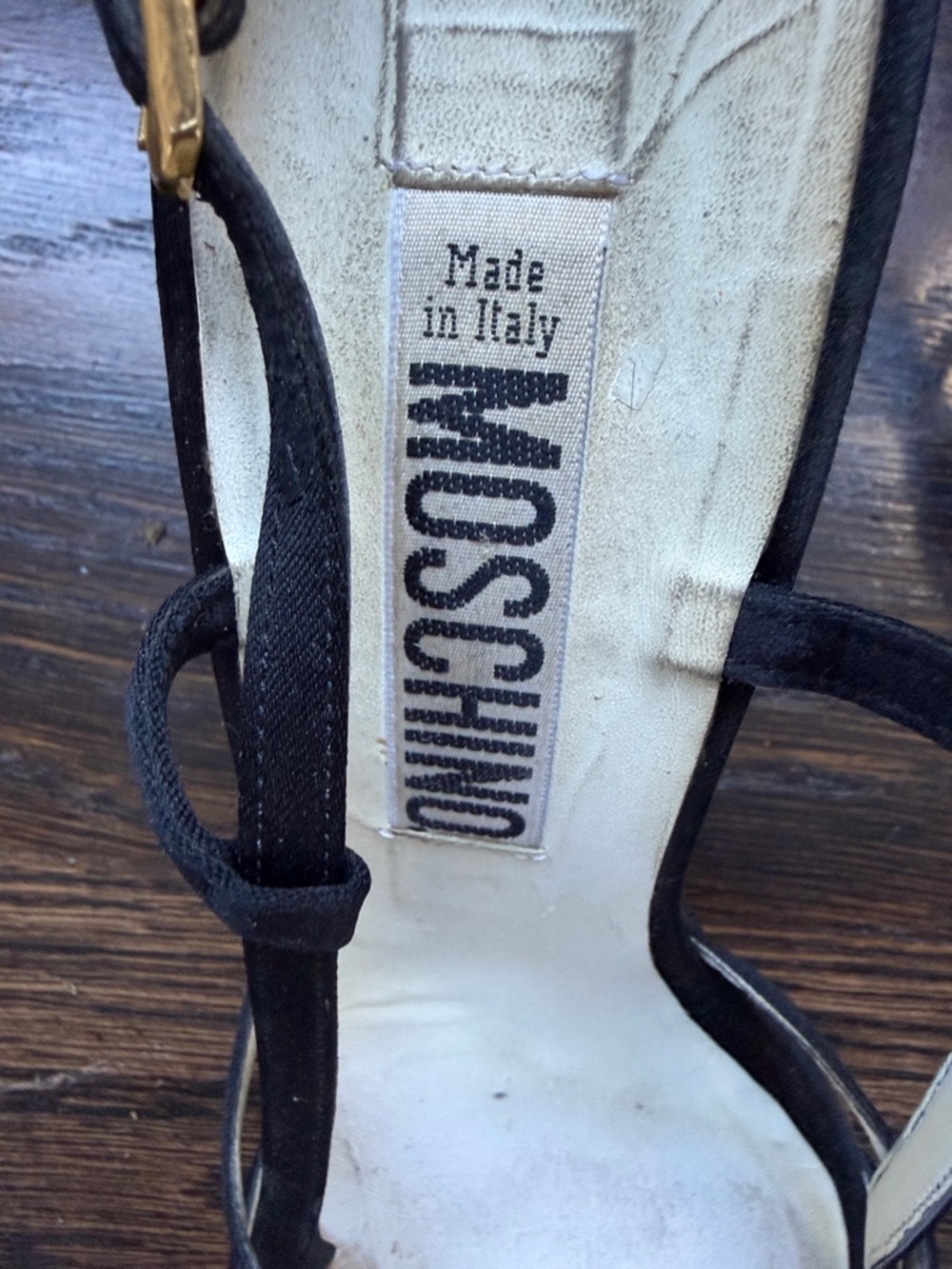 MOSCHINO VINTAGE Y2K Black Satin Sandal Heel Shoe Gold Heart Accent Eu 38 Sz 8 - Picture 3 of 10